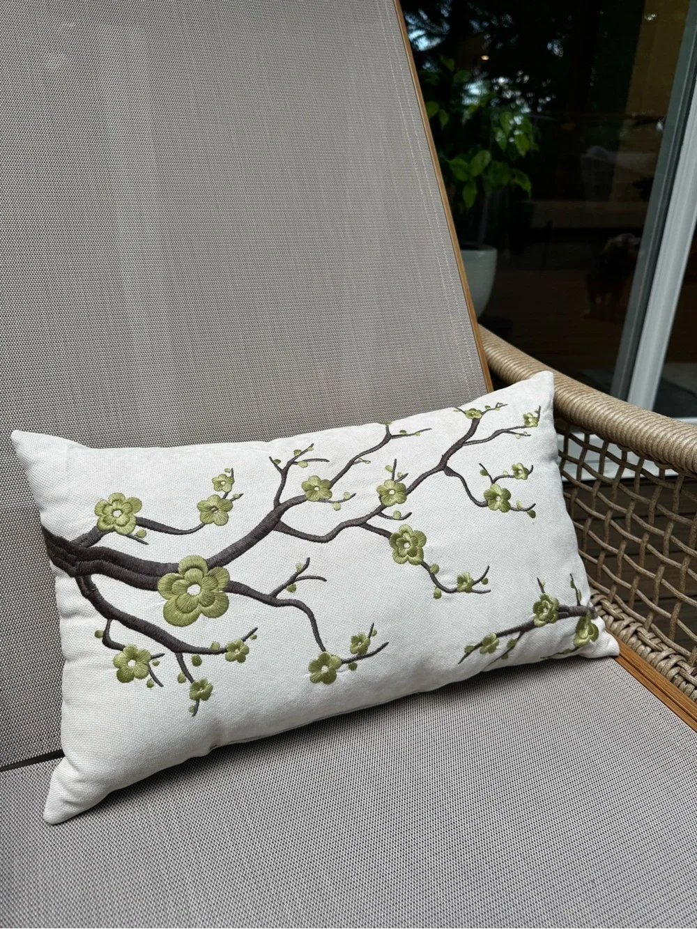Outdoor Embroidered Floral Branch Lumbar Pillows - Set of 2, Beige with Green